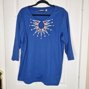 Bob Mackie Blue Starburst Embellished Long Sleeve Top Size 1X